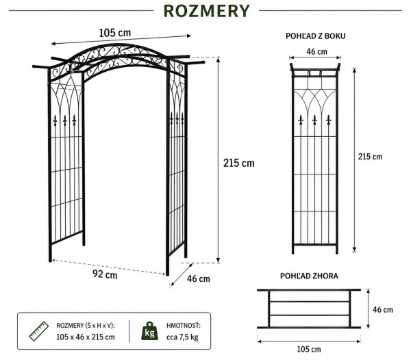 Záhradná pergola KLC 105 × 46 × 215 cm – kovová čierna 3