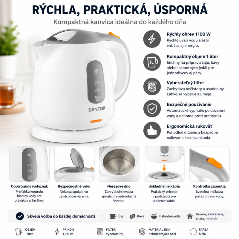 Rýchlovarná kanvica SENCOR SWK 1100WH 1 l 1100 W biela 1
