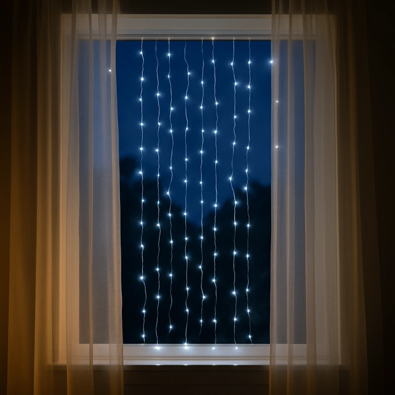 Vianočná LED kaskáda 80 LED – studená biela, batérie, časovač, interiér/exteriér 1