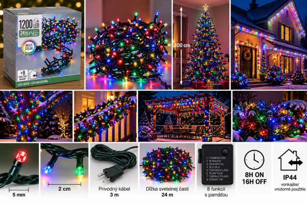 Vianočná svetelná reťaz 1200 LED / farebná / 24 m / časovač / IP44 1