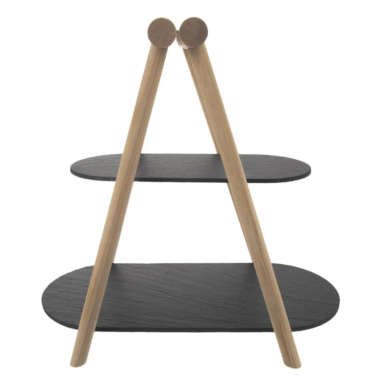 Servírovací stojan z bridlice a dreva – 2 poschodia, moderný rustikálny dizajn 2