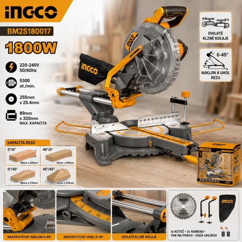 Pokosová píla INGCO BM2S180017 1800 W – 255 mm, posuv, rez 89 × 320 mm 1