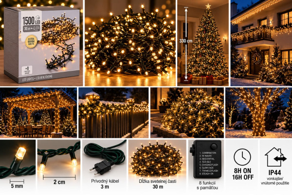Vianočná svetelná reťaz 1500 LED / extra teplá biela / 30 m / časovač / IP44 1