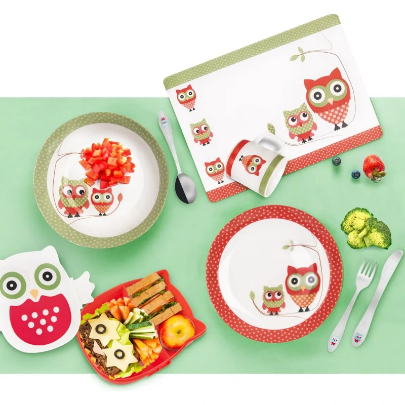 Detský príbor SOVA – nerezový 3-dielny set s farebným motívom sovy 2