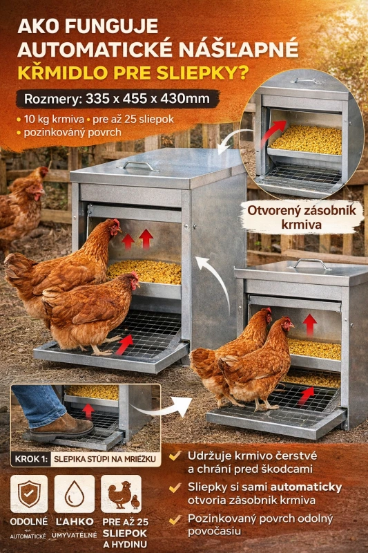 Nášľapné krmítko pre hydinu 10 kg pozinkované automatické pre sliepky GAUN 1
