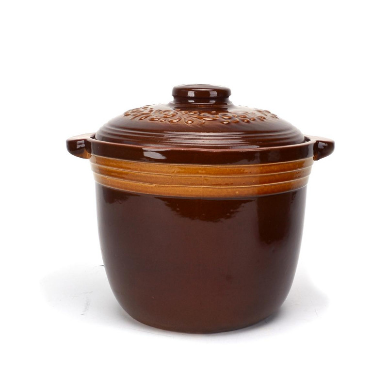 Keramický glazovaný hrniec 7 l s pokrievkou – tvar súdka, dekorovaný