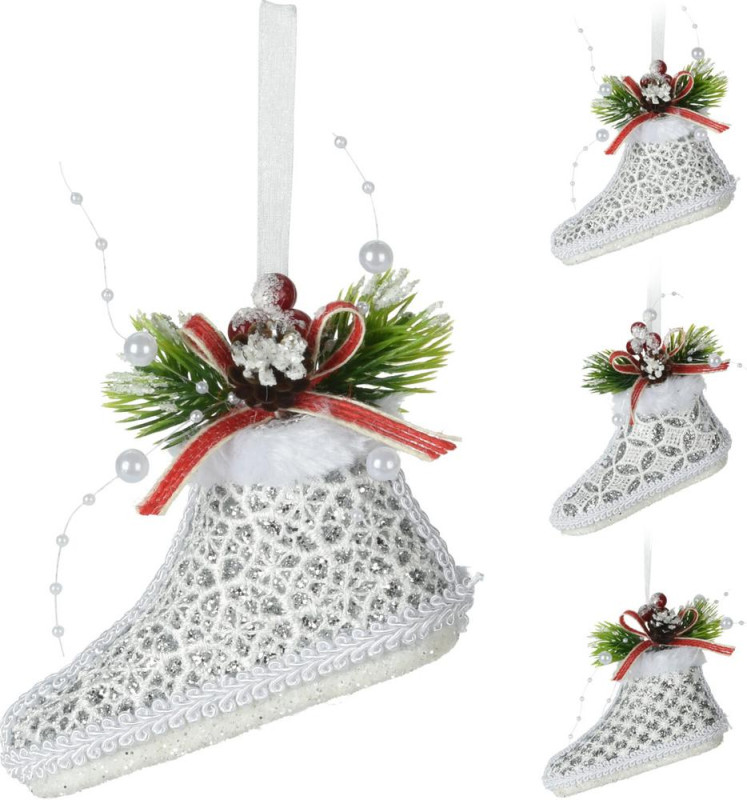 Ozdoba závesná topánka 11,5 cm polyfoam/polyester strieborná mix