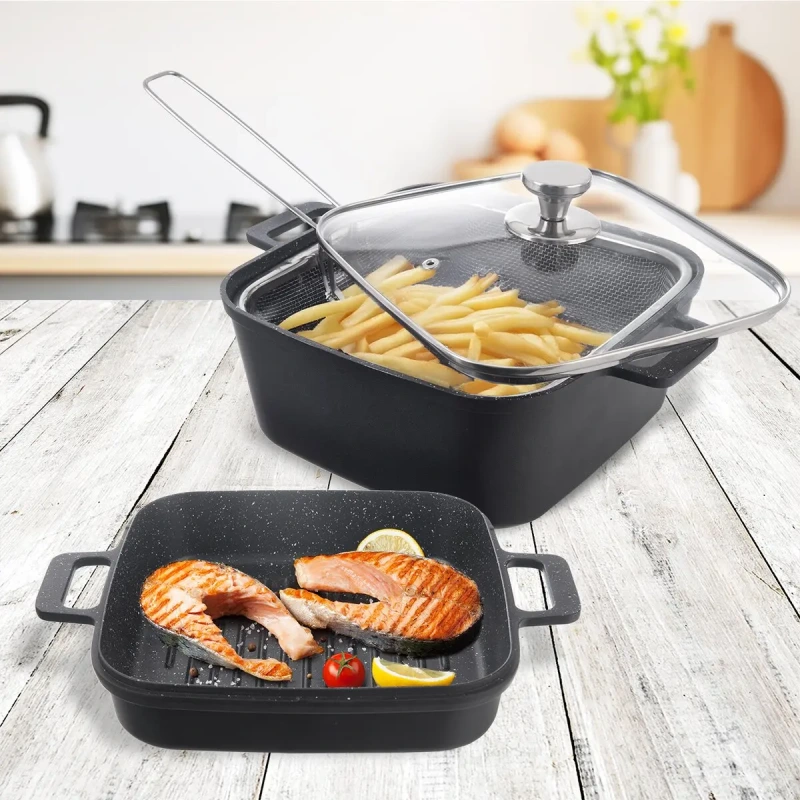 Pekáč GRANDE 32,5 × 24,5 cm s vekom a fritovacím košíkom – obojstranný, indukcia 1