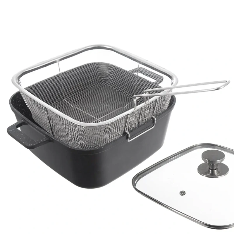 Pekáč GRANDE 32,5 × 24,5 cm s vekom a fritovacím košíkom – obojstranný, indukcia 2