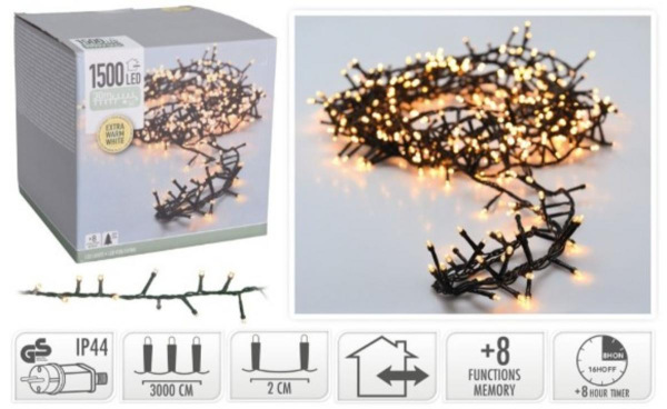 Svetlo vianočné 1500 LED extra teplé biele, s časovačom, s funkciami, na 330 cm stromček, vonkajšie/