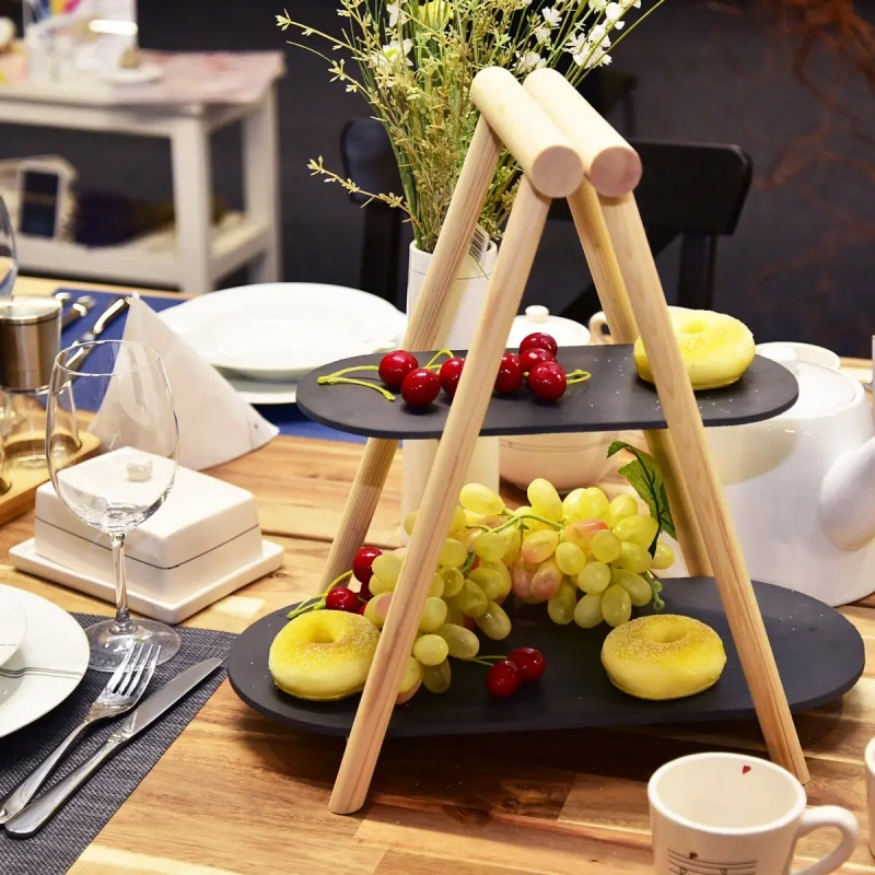 Servírovací stojan z bridlice a dreva – 2 poschodia, moderný rustikálny dizajn 1