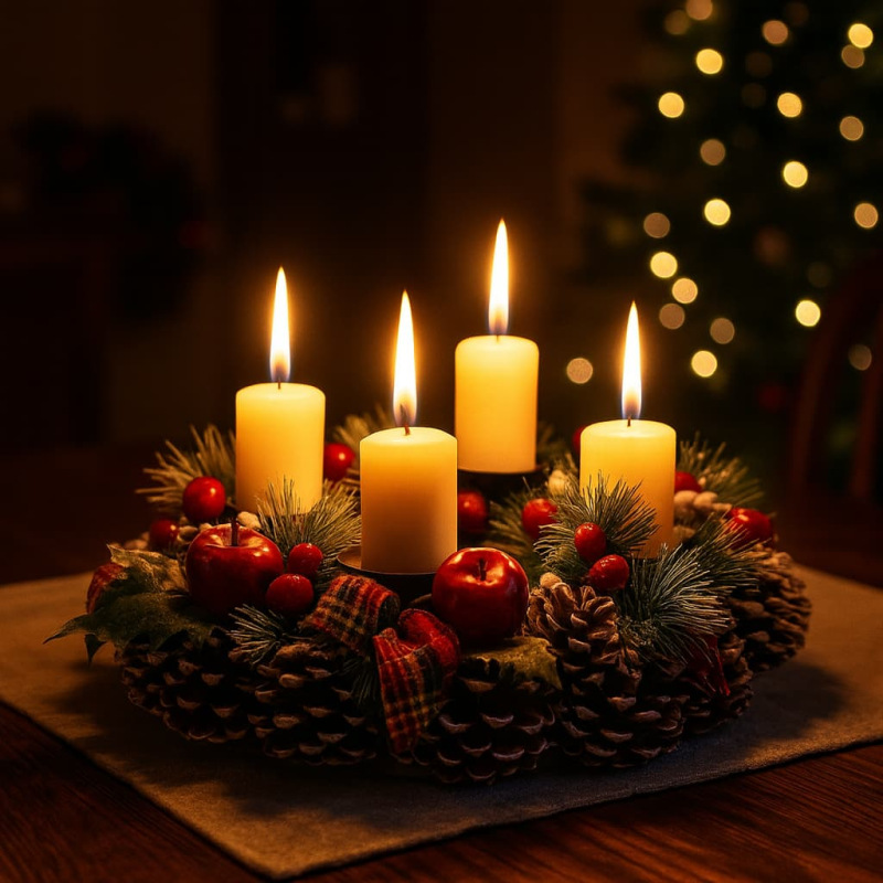 Adventný veniec 27 cm – prírodný, šišky, bobule, čečina, 4 sviečky 1