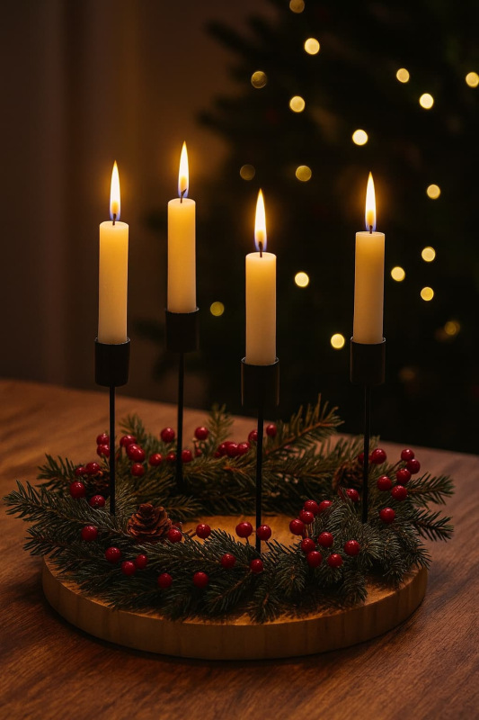 Adventný svietnik drevo + kov 25×10/14 cm – prírodný, na 4 adventné sviečky 1