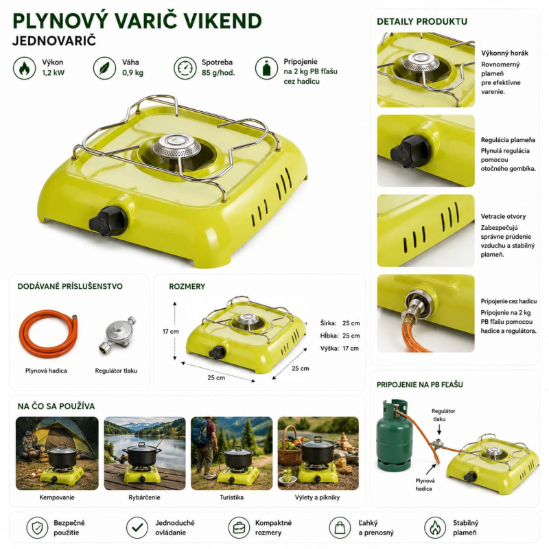 Plynový varič VIKEND 1,2 kW – na 2 kg PB fľašu, s príslušenstvom 1