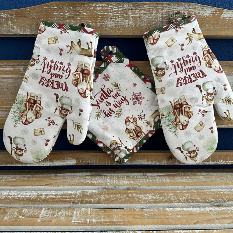 Chňapka 2ks a podložka 1 ks kuchynská, Vianoce SNEHULIAKOVO biela