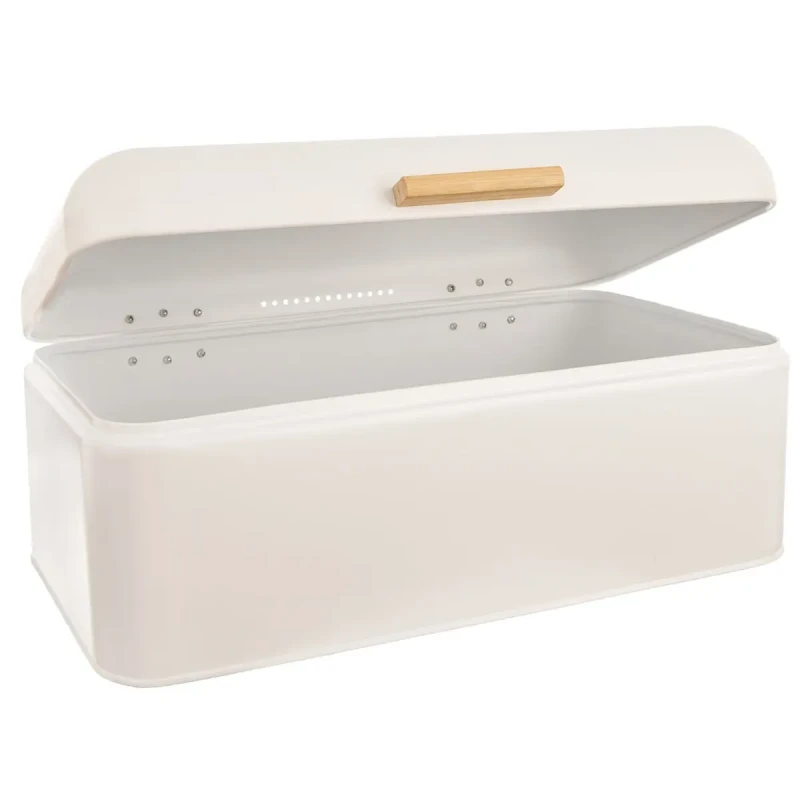 Chlebník WHITELINE – 42×24×16,5 cm, biely plech + bambusové veko, odklápacie veko 1