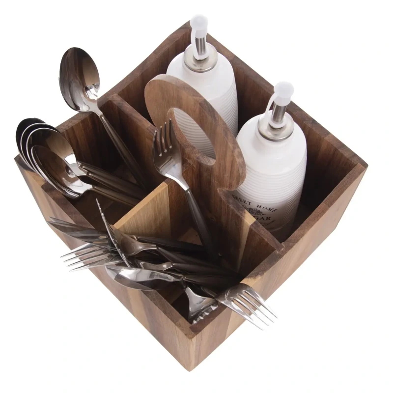 Stojan na príbor WOODEN – akáciové drevo, priehradkový organizér 3