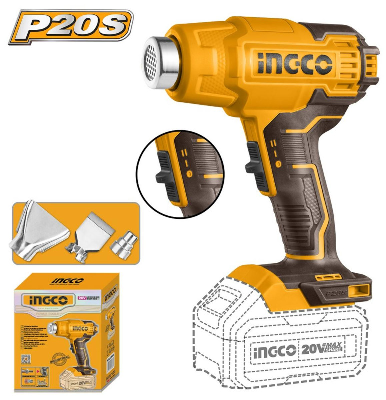 Pištoľ teplovzdušná HGLI2002 INGCO AKU 20V P20S INDUSTRIAL bez akumulátora a nab.