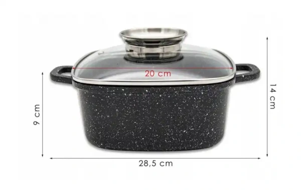 Hliníkový hranatý hrniec 2,3 l s keramicko-mramorovým povrchom + pokrievka (20×20×9 cm) 1
