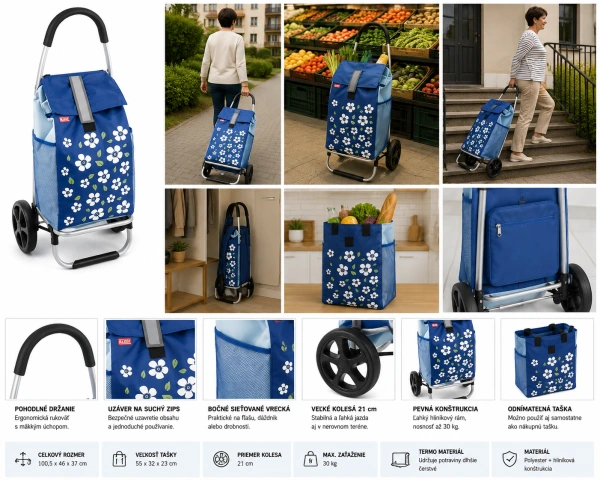 Nákupná taška na kolieskach PARIS modrá – 30 kg, termo, hliníková konštrukcia 2