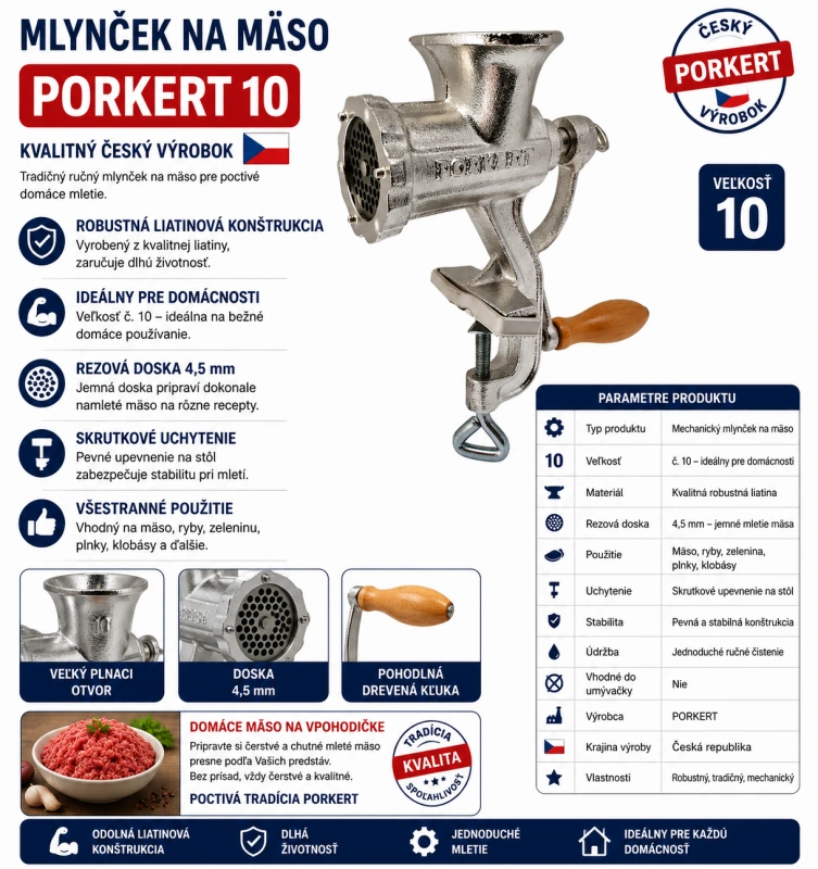 Mlynček na mäso č. 10 PORKERT – robustný liatinový mlynček na domáce klobásy a mletie mäsa 1