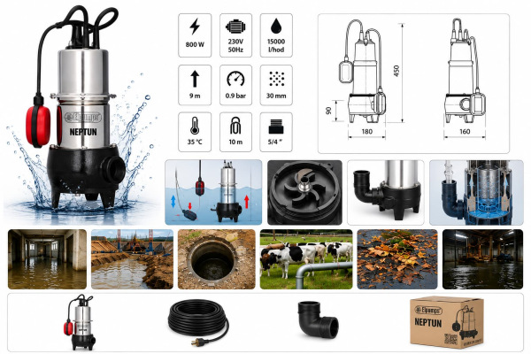 Kalové čerpadlo Neptun 800 W – 15 000 l/h, pevné častice 30 mm, výtlak 9 m 1