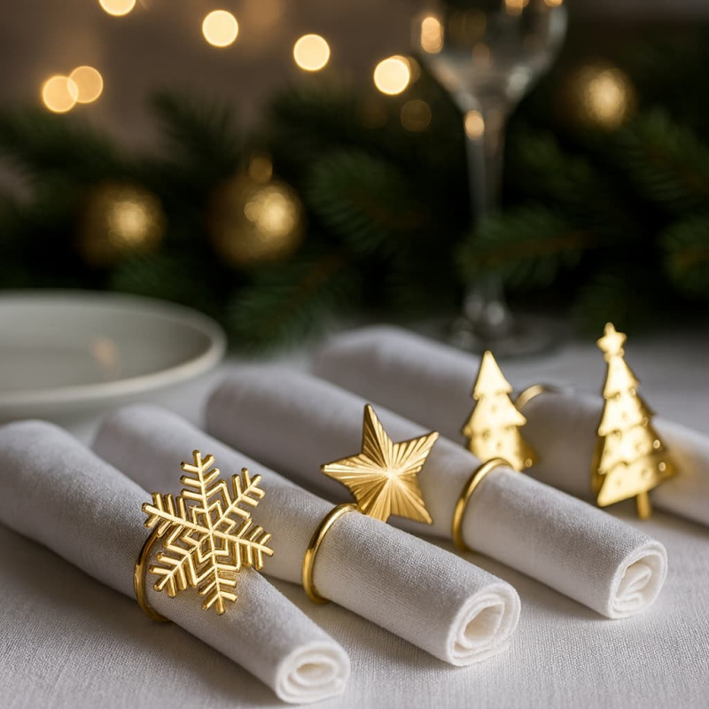 Dekorácia prsteň na obrúsky 5x5 cm sada 4 ks vločka/stromček/hviezda zlatá mix 1