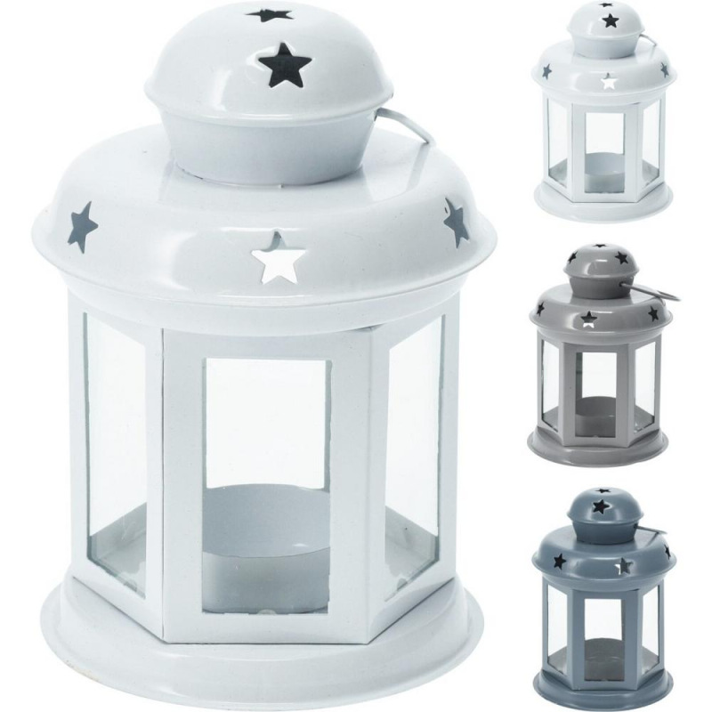 Lampáš svietnik na čajovú sviečku 11x9x13 cm kov/sklo biely/sivý mix