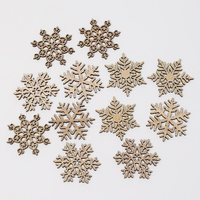 Dekorácia vločka mix sada 12 ks drevo natur