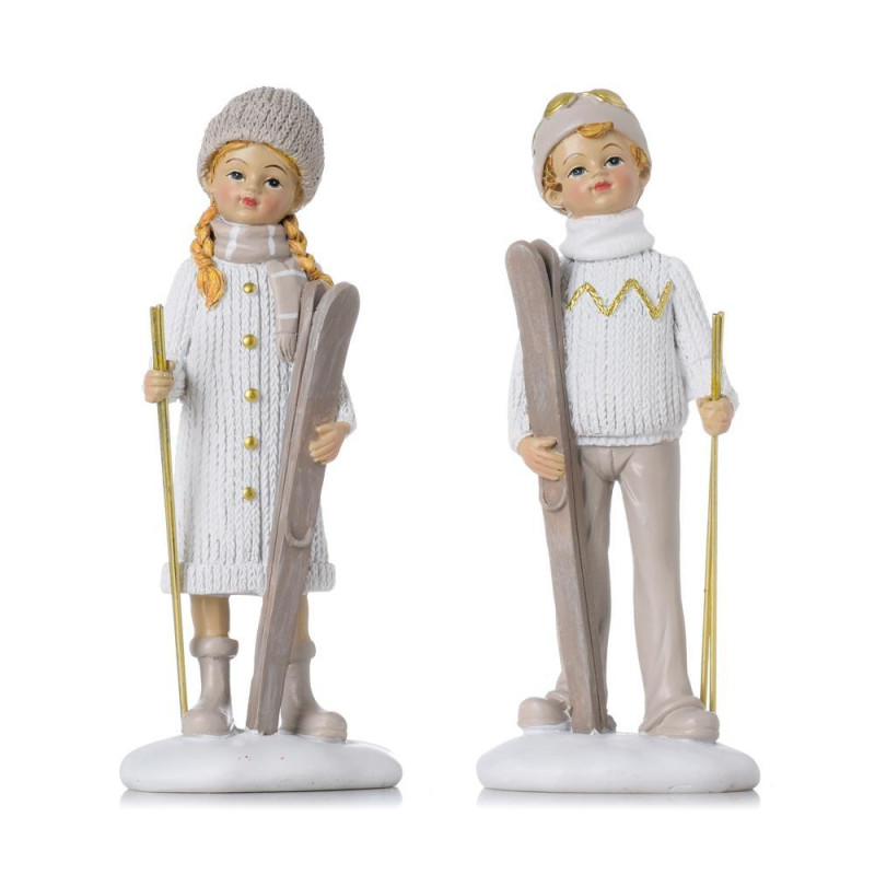 Postavička dieťa s lyžami 6,5x4,5x16,5cm polyrezín biela