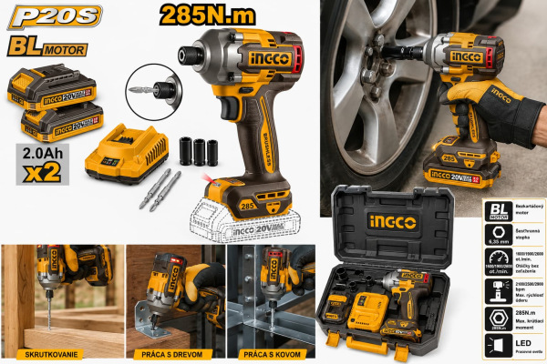 AKU rázový uťahovák INGCO CIRLI2028E 20 V – 285 Nm, 2× 2 Ah + kufrík 1