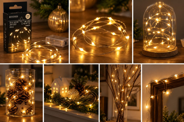 Vianočná svetelná reťaz 20 LED / teplá biela / strieborný drôt / na batérie / časovač 1