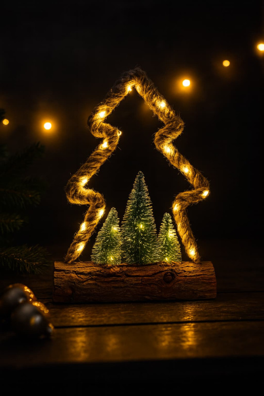 Dekorácia juta+stromčeky na pníku 30 LED stromček/hviezda/kruh mix 1