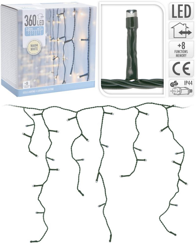 Svetlo vianočné cencúle 360 LED teplé biele, 12 m, s funkciami, vonkajšie/vnútorné